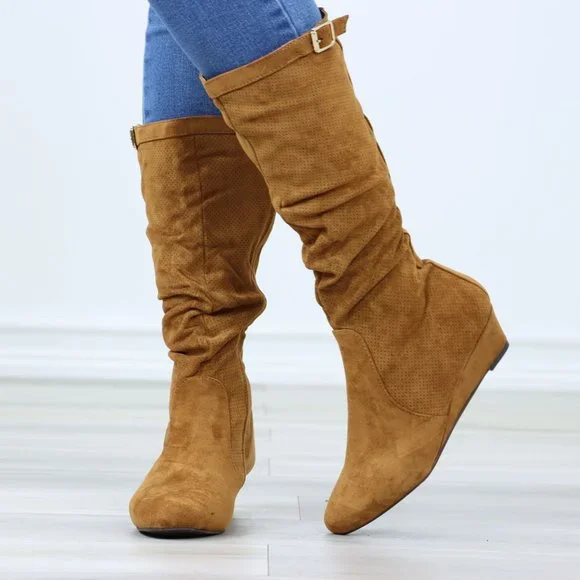 Tan Faux Suede Round Toe Low Kitten Wedge Heel Mid Calf Boots - Picture 10 of 12